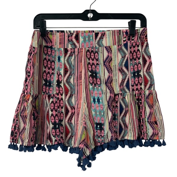 Umgee USA Women's Boho Aztec Print Pull On Shorts Blue/Pink Pom Pom Size M - Picture 2 of 5